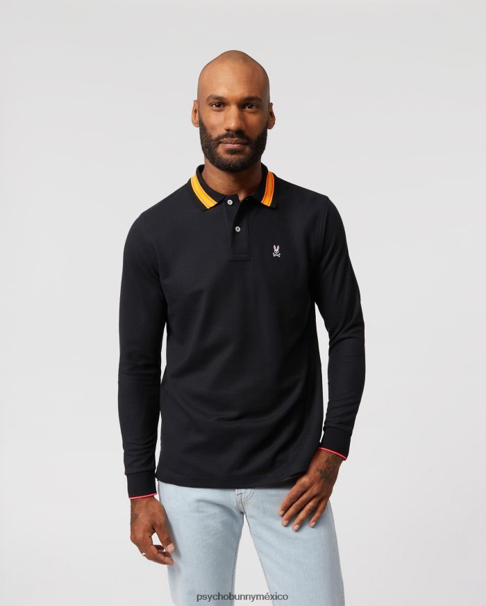polo de manga larga a rayas con cuello estacada para hombre negroR4642272 Psycho Bunny