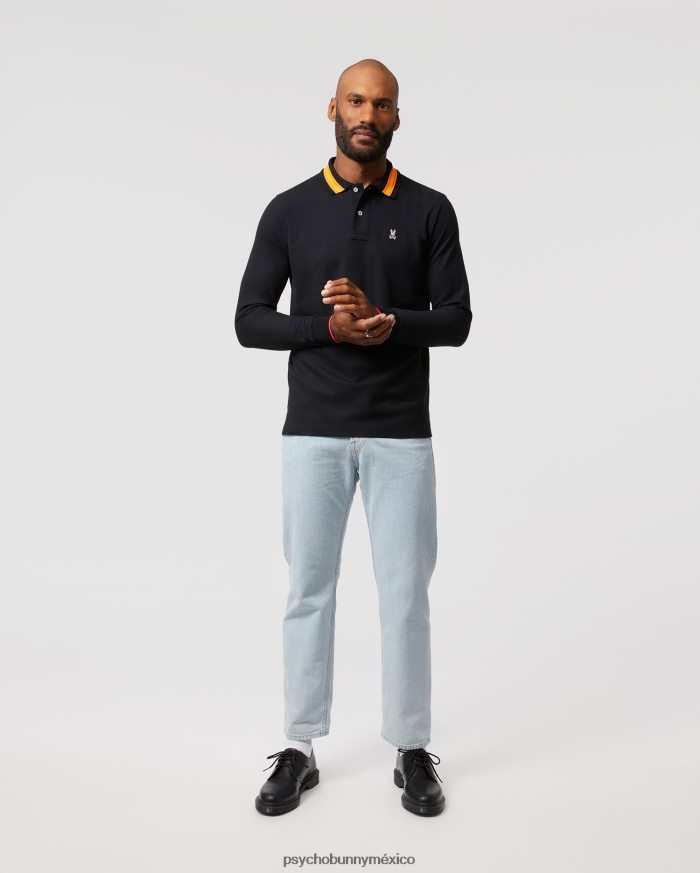 polo de manga larga a rayas con cuello estacada para hombre negroR4642272 Psycho Bunny