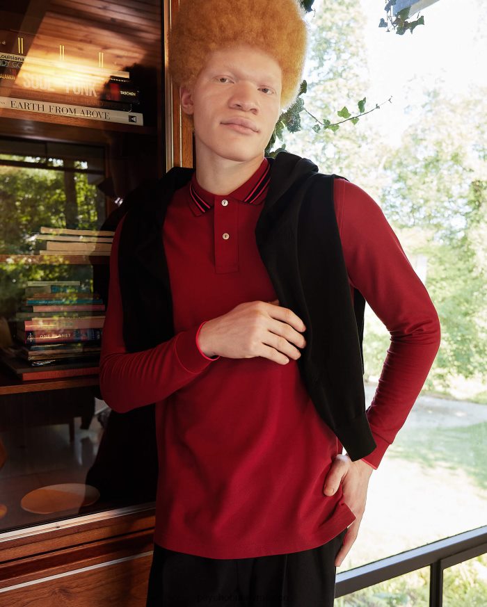 polo de manga larga a rayas con cuello estacada para hombre río rojoR46422104 Psycho Bunny